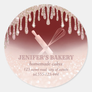 Glittery rose gold rolling pin & whisk chef bakery classic round sticker