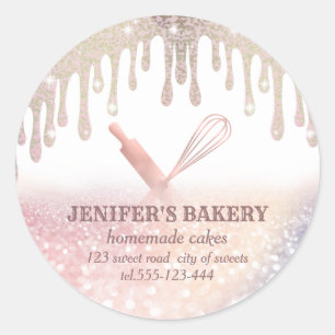 Glittery rose gold rolling pin & whisk chef bakery classic round sticker