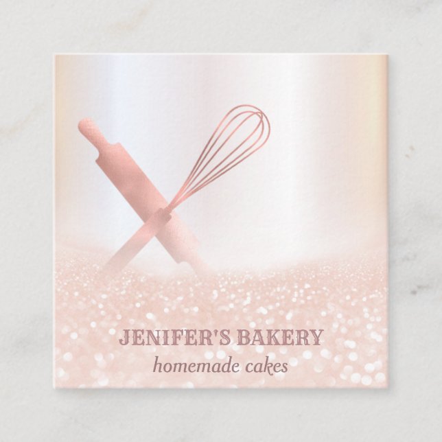 Glittery rose gold rolling pin whisk chef bakery square business card (Front)
