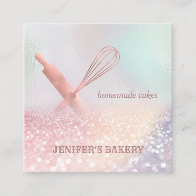 Glittery rose gold  rolling pin whisk chef bakery square business card (Front)