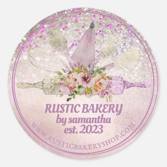 Glittery rose gold rolling pin whisk floral bakery classic round sticker (Front)