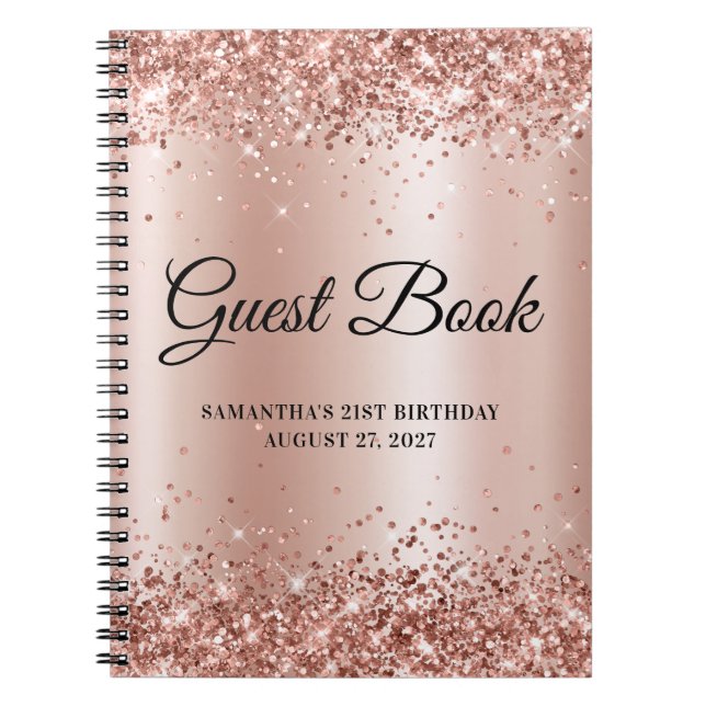 Glittery Rose Gold Shimmer 21st Birthday Guestbook Notebook (Front)