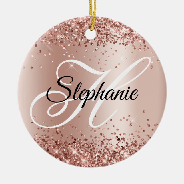 Glittery Rose Gold Shimmer Fancy Monogram Ceramic Ornament (Front)