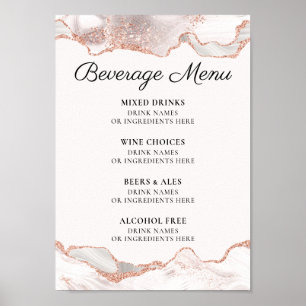 Glittery Rose Gold White Agate Beverage Menu A4 Poster