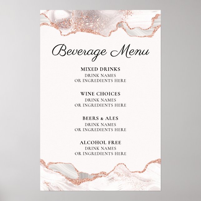 Glittery Rose Gold White Agate Beverage Menu A4 Poster (Front)