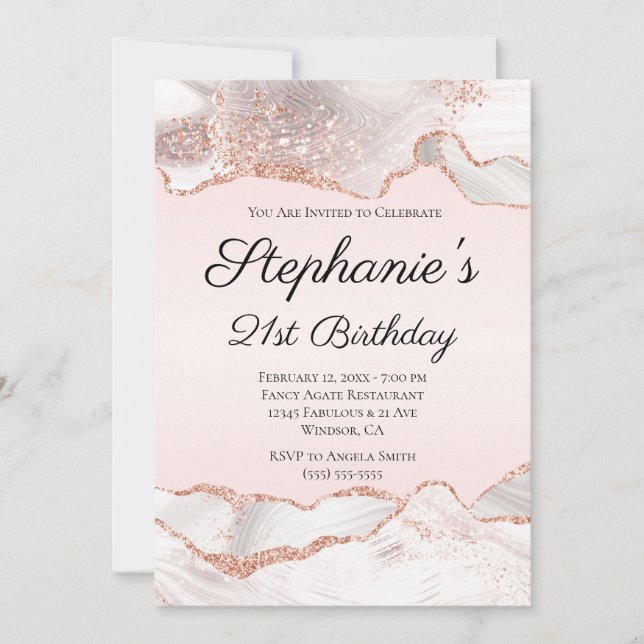 Glittery Rose Gold White Agate Blush 21st Birthday Invitation (Front)