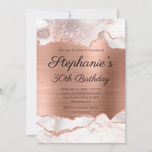 Glittery Rose Gold White Agate Foil 30th Birthday Invitation (Front)