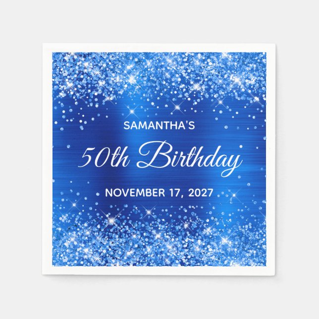Glittery Royal Blue Foil 50th Birthday Napkin (Front)