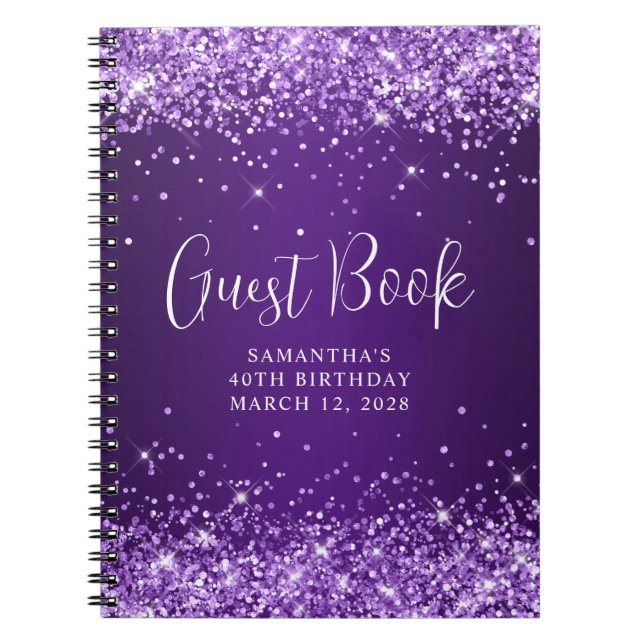 Glittery Royal Purple Ombre 40th Birthday Guest Notebook (Front)