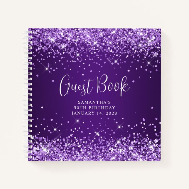 Glittery Royal Purple Ombre 50th Birthday Guest Notebook (Front)
