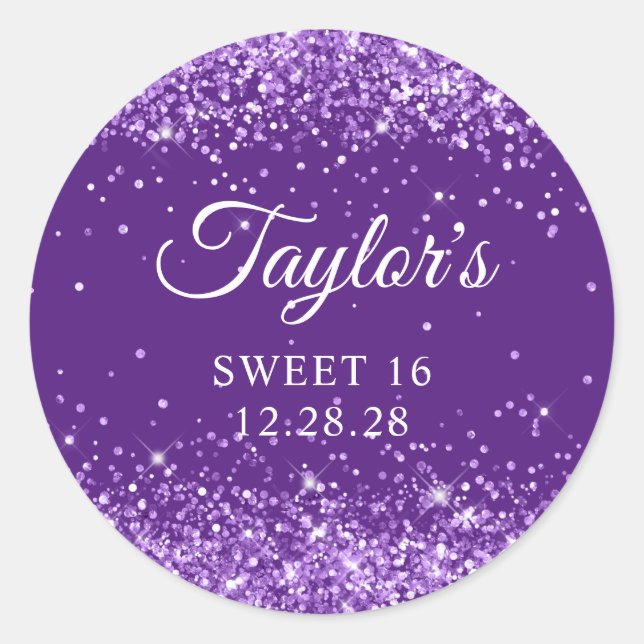 Glittery Royal Purple Sweet 16 Classic Round Sticker (Front)