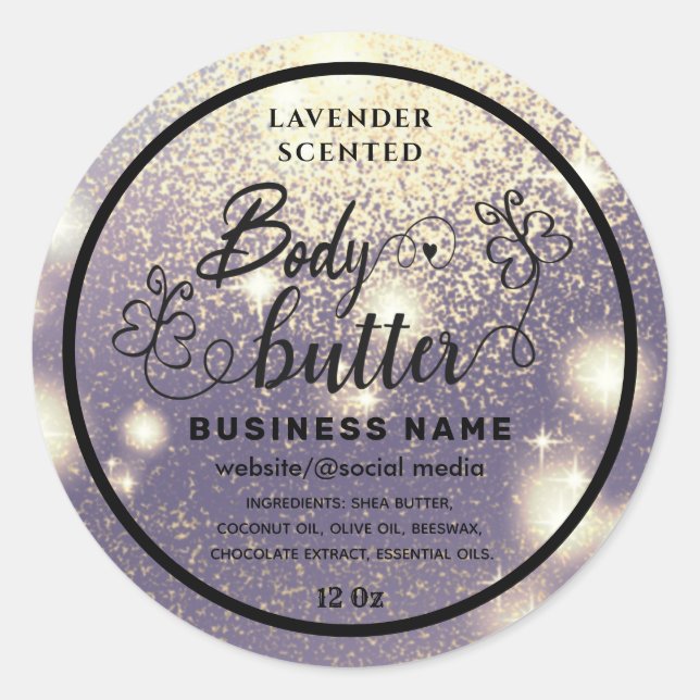 Glittery script butterfly body butter label (Front)