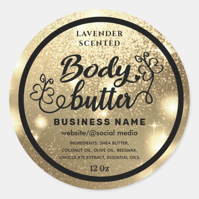 Glittery script butterfly body butter label (Front)