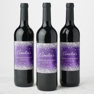 Glittery Silver Amethyst Foil 40th Birthday Wine Label