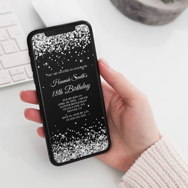 Glittery Silver and Black 18th Birthday Invitation (Creator Uploaded)