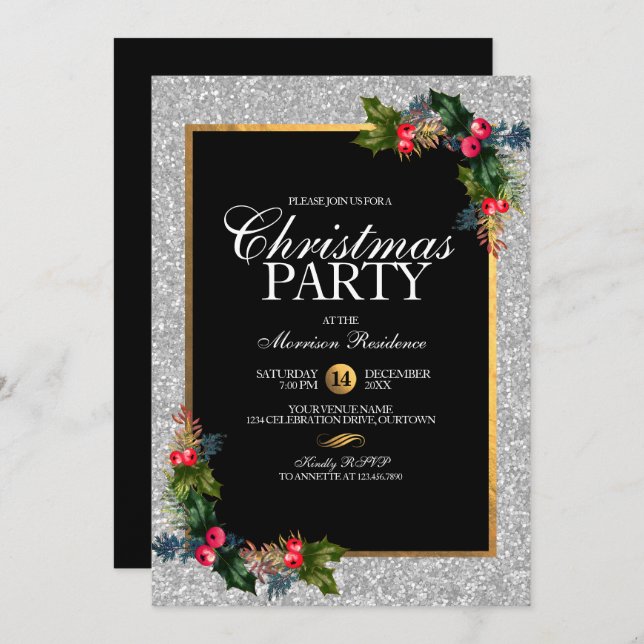 Glittery Silver and Gold Elegant Christmas Party Invitation (Front/Back)