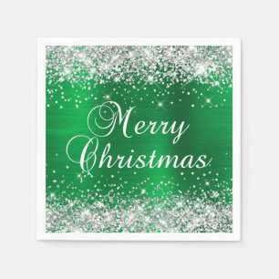 Glittery Silver and Green Merry Christmas Napkin