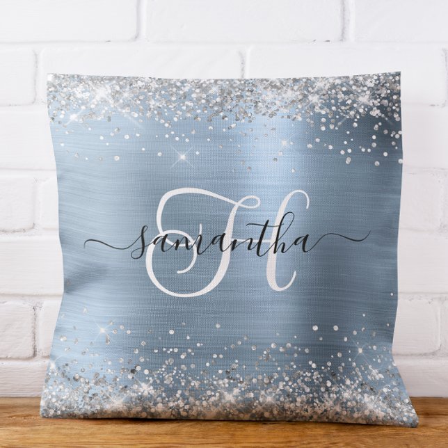 Glittery Silver and Light Blue Monogrammed Throw Pillow (Glittery Silver and Light Blue Monogrammed Throw Pillow)