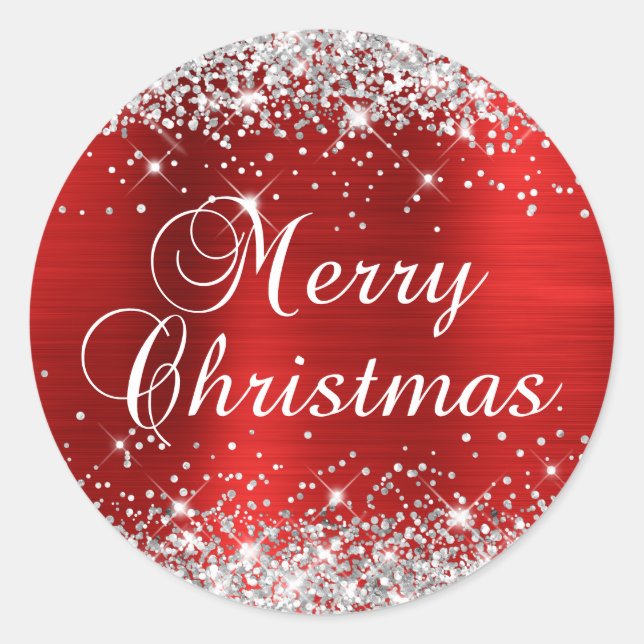 Glittery Silver and Red Foil Merry Christmas Classic Round Sticker (Front)