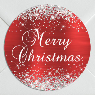 Glittery Silver and Red Foil Merry Christmas Classic Round Sticker