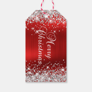 Glittery Silver and Red Foil Merry Christmas Gift Tags