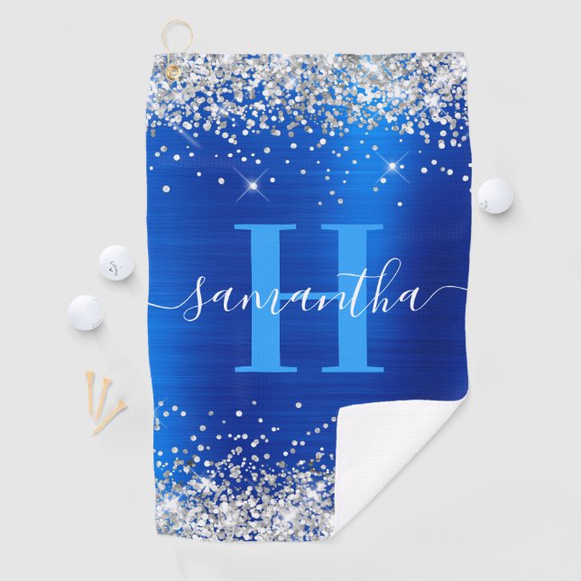 Glittery Silver and Royal Blue Foil Monogrammed Golf Towel (InSitu)