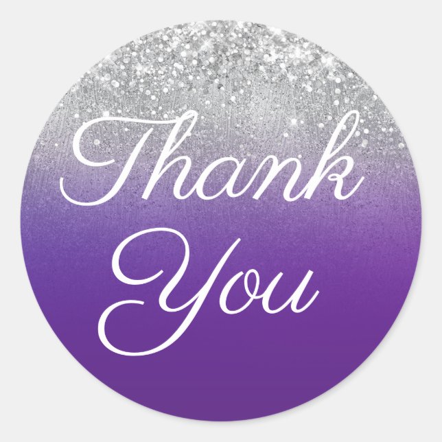 Glittery Silver and Royal Purple Ombre Thank You Classic Round Sticker (Front)