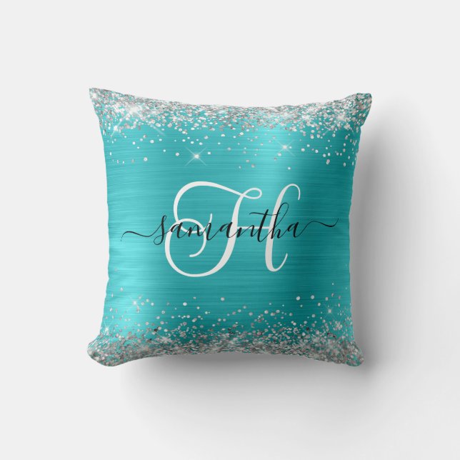 Glittery Silver and Turquoise Blue Monogrammed Throw Pillow (Front)