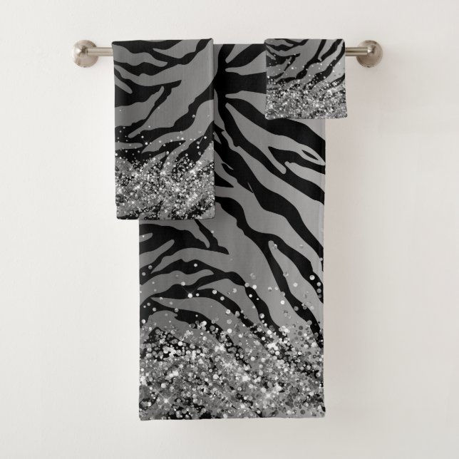 Glittery Silver Black Zebra Safari Print  Bath  Towel Set (Insitu)