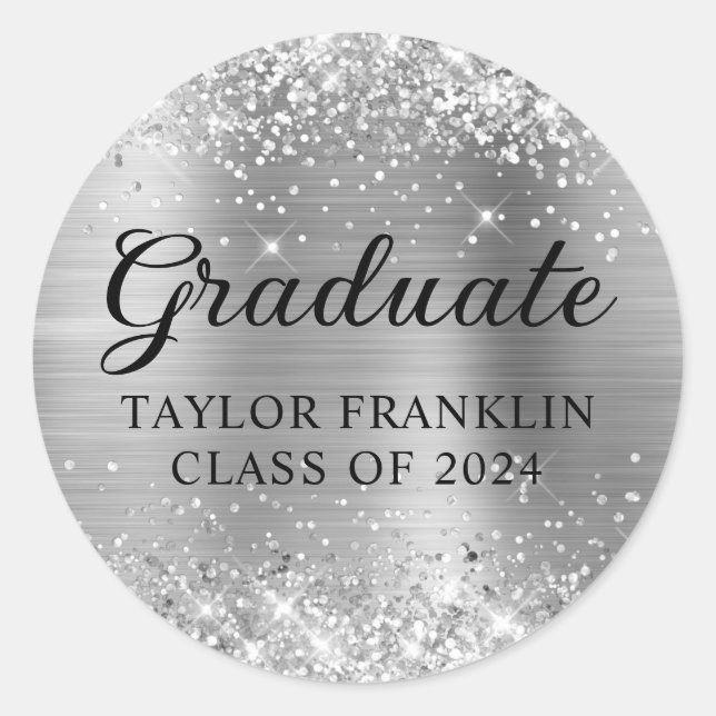 Glittery Silver Class of 2024 Graduate Classic Round Sticker (Front)
