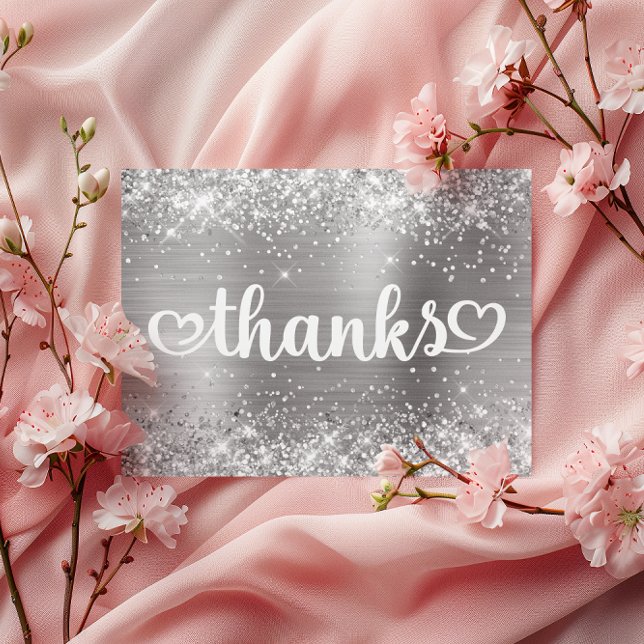 Glittery Silver Cute Hearts Sweet 16 Thanks Postcard (Glittery Silver Cute Hearts Sweet 16 Thanks Postcard)