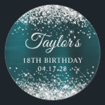 Glittery Silver Dark Turquoise Foil 18th Birthday Classic Round Sticker<br><div class="desc">Create your own 18th birthday party favour stickers. Girly faux sparkly silver glitter on the top and bottom edge, over a faux dark turquoise teal brushed metal style ombre foil. Customize the font styles to create your own favour sticker design for her special celebration. A classic elegant calligraphy paired with...</div>