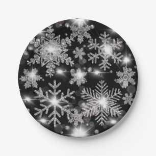 Glittery silver festive snowflake pattern  paper plate