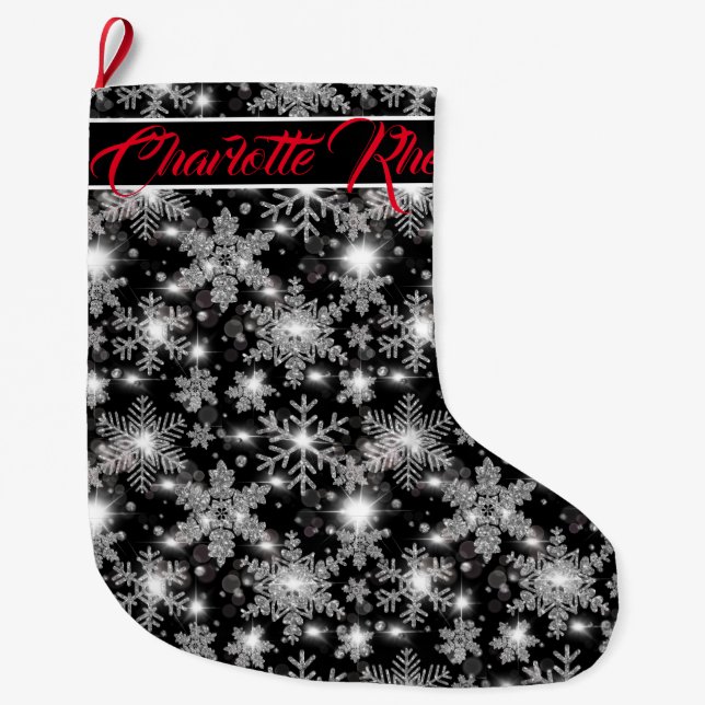 Glittery silver festive snowflakes pattern  large christmas stocking (Front)