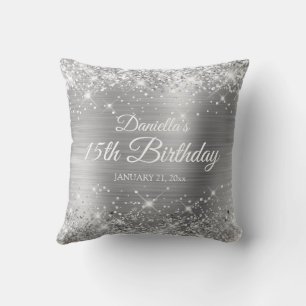 Glittery Silver Foil 15th Birthday Throw Pillow