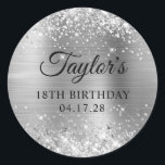 Glittery Silver Foil 18th Birthday Classic Round Sticker<br><div class="desc">Create your own 18th birthday party favour stickers. Girly faux sparkly silver glitter on the top and bottom edge, over a faux silvery grey metallic brushed metal style ombre foil. Customize the font styles to create your own favour sticker design for her special celebration. A classic elegant calligraphy paired with...</div>