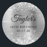 Glittery Silver Foil 18th Birthday Classic Round Sticker<br><div class="desc">Create your own 18th birthday party favour stickers. Girly faux sparkly silver glitter on the top and bottom edge, over a faux silvery grey metallic brushed metal style ombre foil. Customize the font styles to create your own favour sticker design for her special celebration. A classic elegant calligraphy paired with...</div>