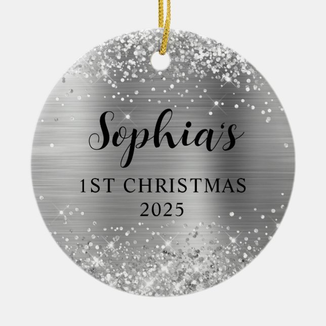 Glittery Silver Foil 1st Christmas Photo Ceramic Ornament (Front)