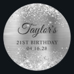 Glittery Silver Foil 21st Birthday Classic Round Sticker<br><div class="desc">Create your own 21st birthday party favour stickers. Girly faux sparkly silver glitter on the top and bottom edge, over a faux silvery grey brushed metal style ombre foil. Customize the font styles to create your own favour sticker design for her special celebration. A classic elegant calligraphy paired with an...</div>