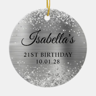 Glittery Silver Foil 21st Birthday Photo Ceramic Ornament