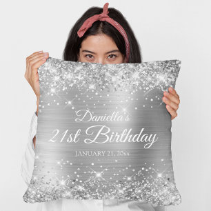 Glittery Silver Foil 21st Birthday Throw Pillow