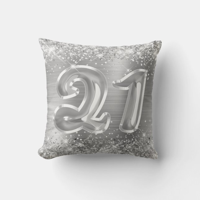 Glittery Silver Foil 21st Birthday Throw Pillow (Front)
