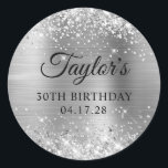 Glittery Silver Foil 30th Birthday Classic Round Sticker<br><div class="desc">Create your own 30th birthday party favour stickers. Girly faux sparkly silver glitter on the top and bottom edge, over a faux stainless steel metallic style ombre foil. Customize the font styles to create your own favour sticker design for her special celebration. A classic elegant calligraphy paired with an all...</div>