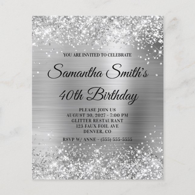 Glittery Silver Foil 40th Birthday Invite Flyer (Front)