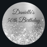 Glittery Silver Foil 50th Birthday Classic Round Sticker<br><div class="desc">Create your own fancy monogram stylish milestone birthday celebration envelope seals for her. The background features a silver ombre brushed metal style foil digital art graphic. Along the bottom is a band of silvery grey faux glitter girly glam. Customize the font colour, size or style. The luxury sparkles, glitter and...</div>