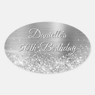 Glittery Silver Foil 50th Birthday Oval Sticker