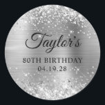 Glittery Silver Foil 80th Birthday Classic Round Sticker<br><div class="desc">Create your own 80th birthday party favour stickers. Girly faux sparkly silver glitter on the top and bottom edge, over a faux stainless steel metallic style ombre foil. Customize the font styles to create your own favour sticker design for her special celebration. A classic elegant calligraphy paired with an all...</div>