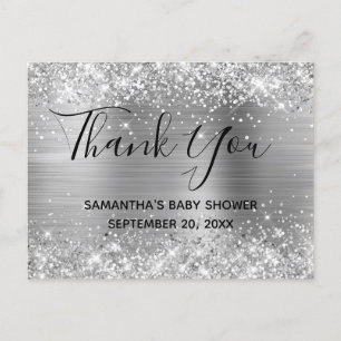 Glittery Silver Foil Baby Shower Thank You Postcard