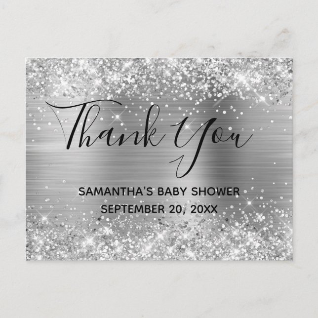 Glittery Silver Foil Baby Shower Thank You Postcard (Front)