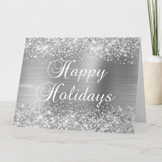 Glittery Silver Foil Big Happy Holidays Card (Front)